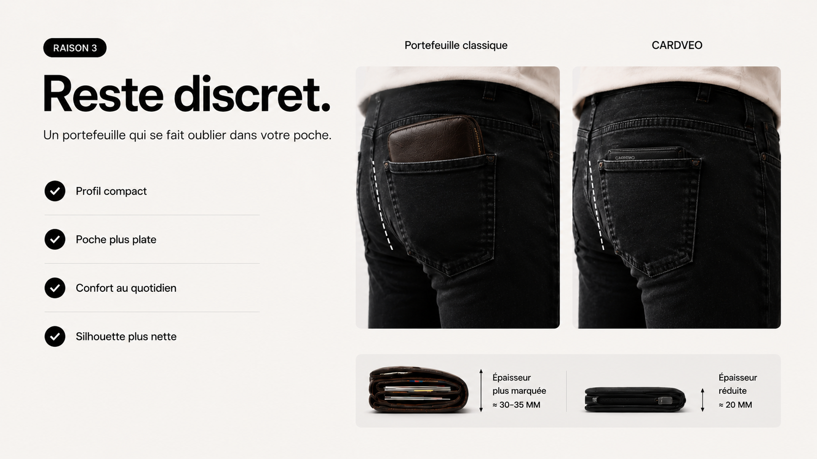 Comparaison du portefeuille CARDVEO compact dans une poche avec un portefeuille classique encombrant