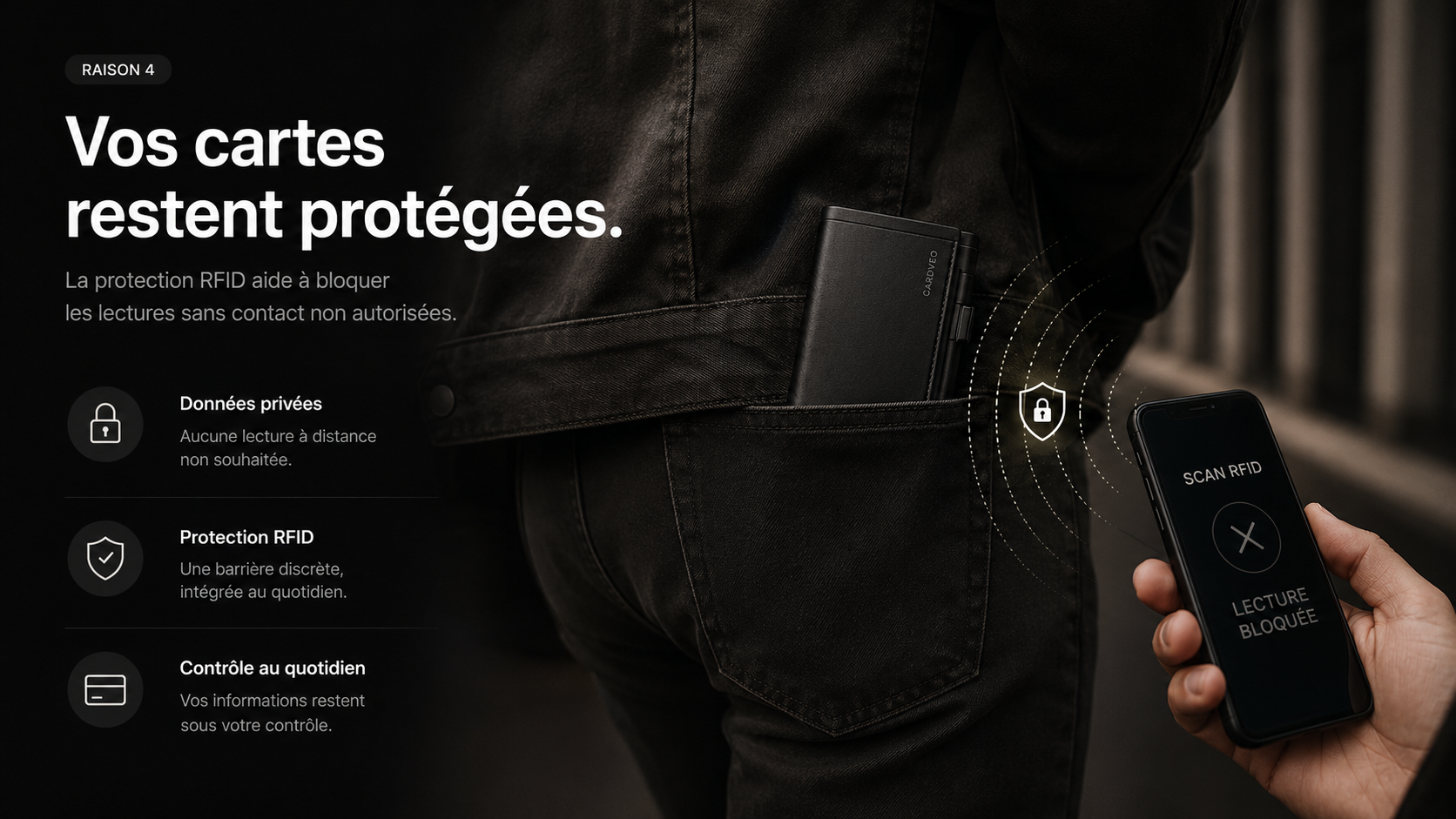 Portefeuille CARDVEO protégeant les cartes contre les lectures RFID non autorisées